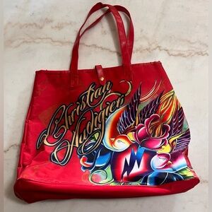 Christian Audigier Los Angeles Tote Shoulder Bag Red Spell Out Birds Graphic